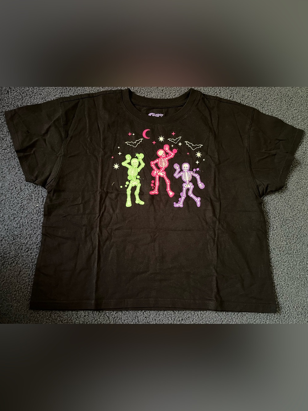 Oversized Crop Halloween Black Tee with Neon Dancing Skeletons